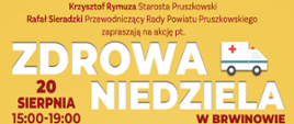 Plakat zapraszający na akcję Zdrowa Niedziela w ramach, której będzie można skorzystać z bezpłatnej analizy znamion w dermobusie. Akcja odbędzie się 20 sierpnia w godzinach 15-20:00 na polu przy brwinowskim Centrum Kultury przy ulicy Pałacowej 1. 