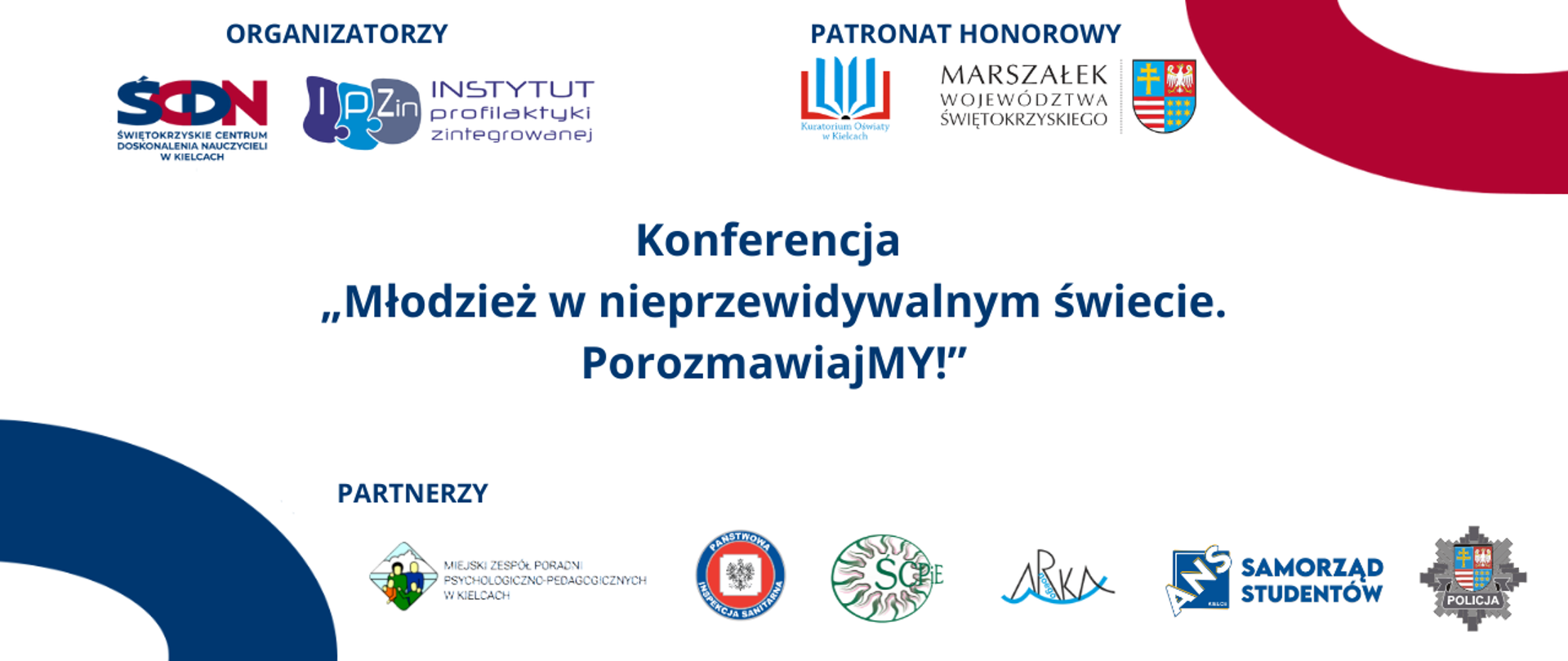 Baner konferencji z tytułem i logo organizatorów i partnerów