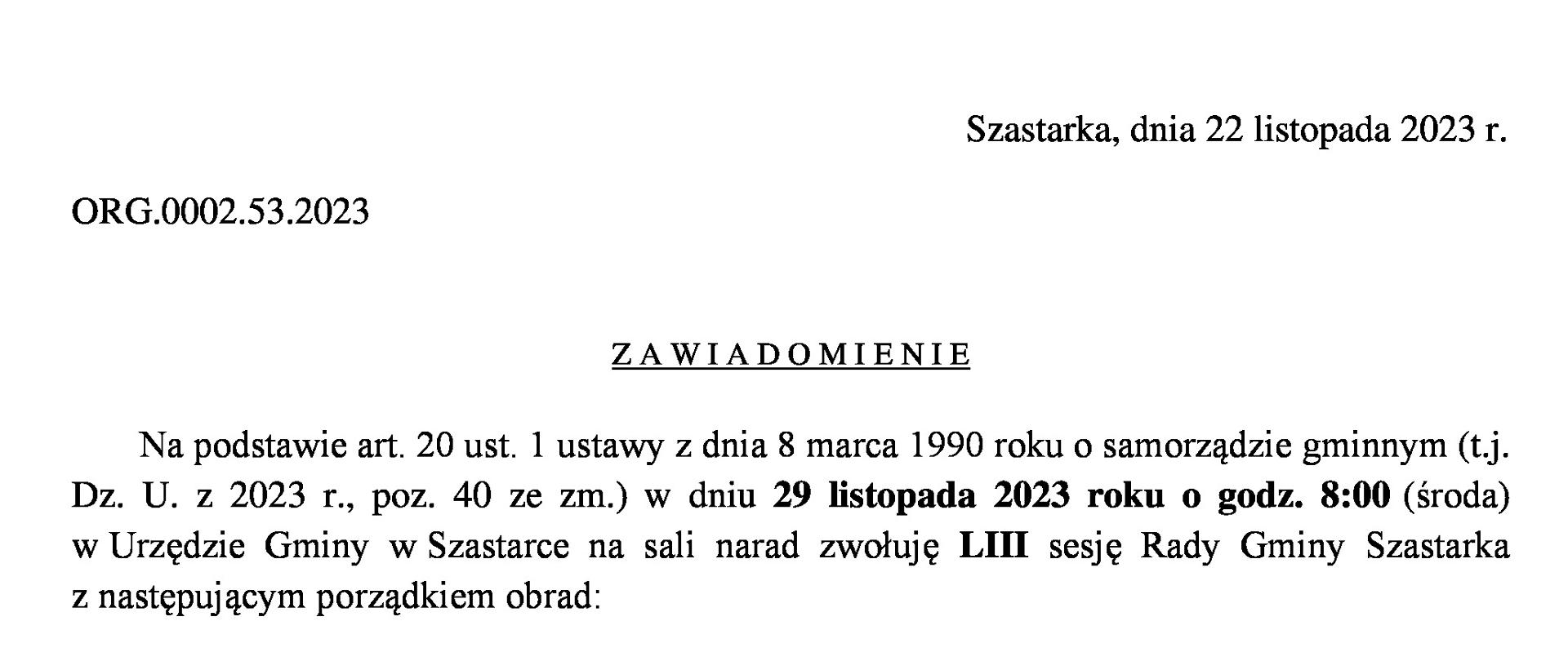 Zawiadomienie o LIII sesji Rady Gminy Szastarka z dnia 29 listopada 2023 roku