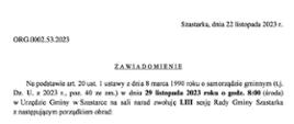 Zawiadomienie o LIII sesji Rady Gminy Szastarka z dnia 29 listopada 2023 roku