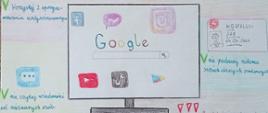 Rysunek wykonany kredkami, w centrum plakatu komputer z narysowana przeglądarką, wkoło komputera hasła dotyczące bezpiecznego Internetu.