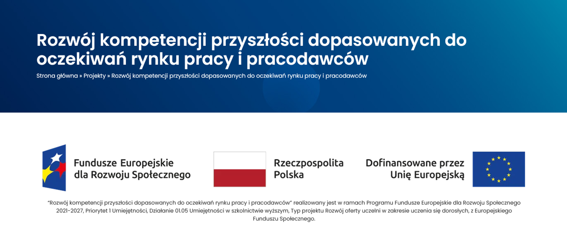 Plakat w biało-granatowych odcieniach, informujący o projekcie pn. Rozwój kompetencji przyszłości dopasowanych do oczekiwań rynku pracy i pracodawców. Dołem logotypy.