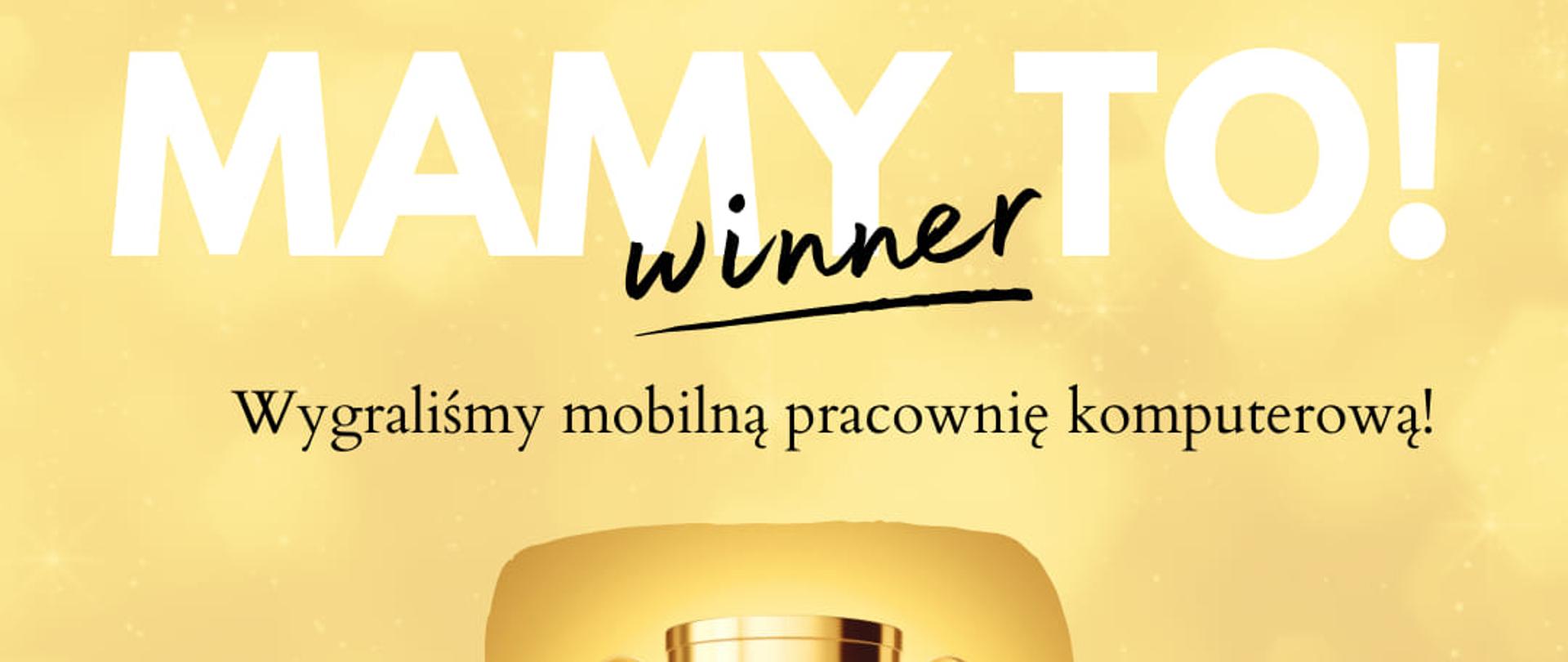 Żółty plakat konkursu "Pracownia kompetencji cyfrowych" z pucharem na środku