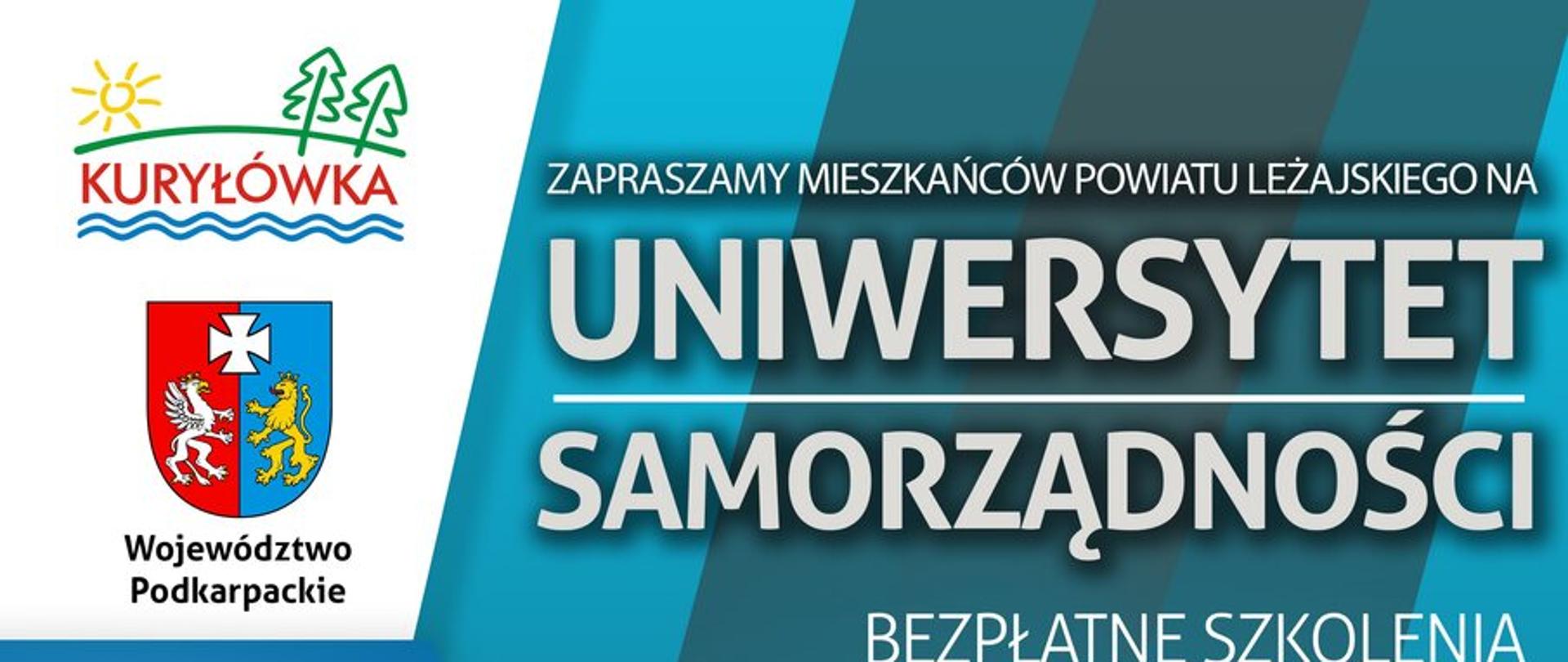 z lewej strony muffinki z białym kremem i truskawką na wierzchu z prawej strony ciemnoniebieskie tło i zaproszenie na uniwersytet samorządności, w lewym górnym rogu panie ćwiczą w białych podkoszulkach 