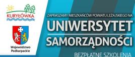z lewej strony logo i napis Kuryłówka, z prawej na niebieskim tle białe litery zaproszenie na uniwersytet samorządności