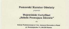 Otrzymaliśmy Wojewódzki Certyfikat Szkoły Promującej Zdrowie