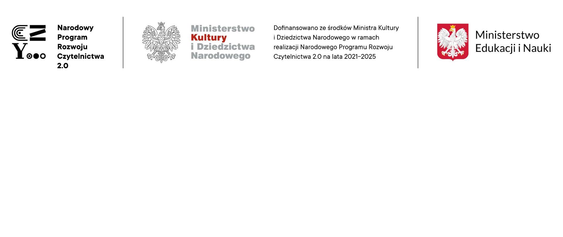 Logo Narodowego Programu Rozwoju Czytelnictwa 2.0: Narodowy Program Rozwoju Czytelnictwa 2.0, Ministerstwo Kultury i Dziedzictwa Narodowego. Dofinansowano ze środków Ministra Kultury i Dziedzictwa Narodowego w ramach realizacji Narodowego Programu Rozwoju Czytelnictwa 2.0 na lata 2021-2025, Ministerstwo Edukacji i Nauki
