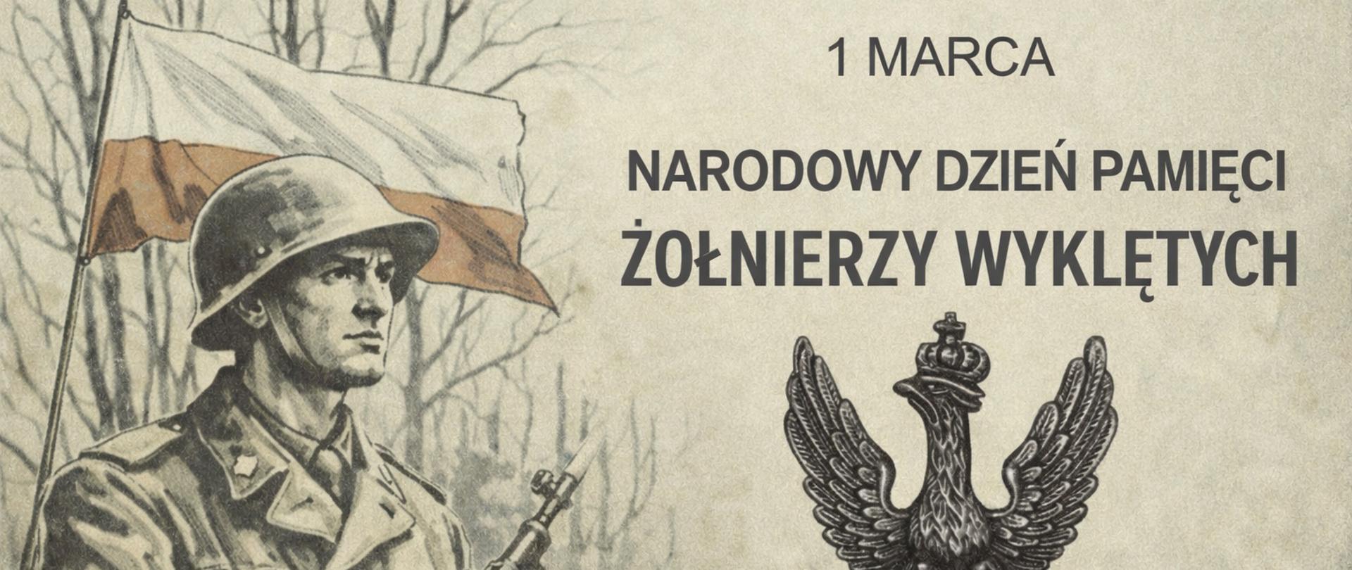 Grafika z herbem powiatu dąbrowskiego i napisem 1 marca Narodowy Dzień Pamięci Żołnierzy Wyklętych