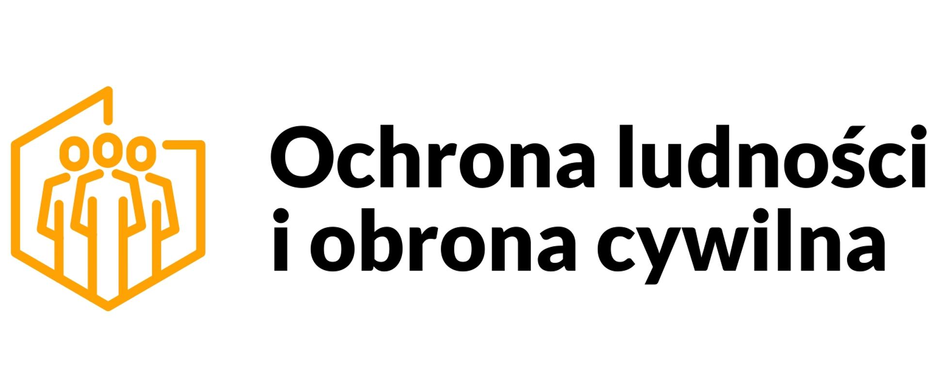 Logo przedstawiające trzy stylizowane postacie ujęte linią w kształcie tarczy w kolorze pomarańczowym, obok których znajduje się czarny napis ‘Ochrona ludności i obrona cywilna.