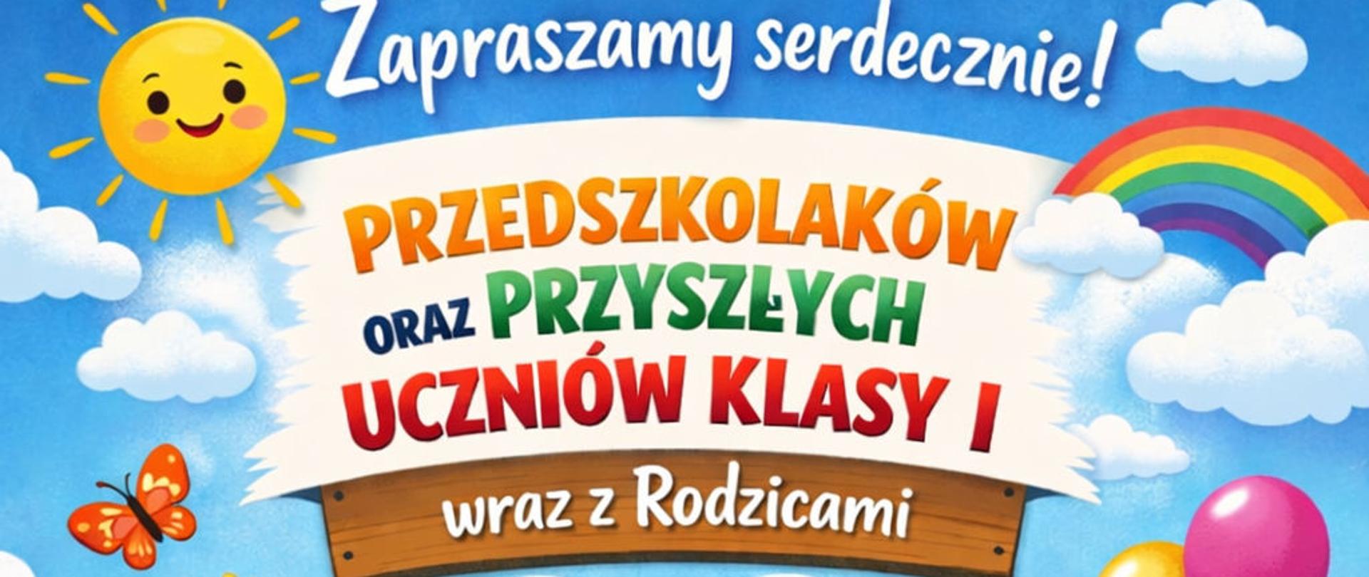 Plakat z kolorowymi kwiatami, łąką, dziećmi rodzicami, piłką szkołą 