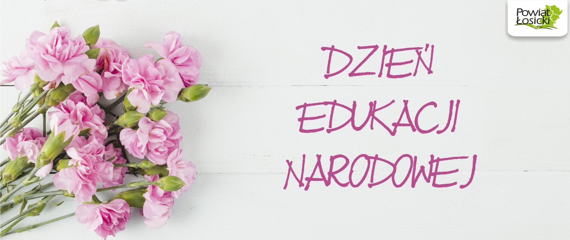 Różowe kwiaty na tle z białych desek oraz różowy napis "Dzień Edukacji Narodowej" oraz logo Powiatu łosickiego w prawym górnym rogu