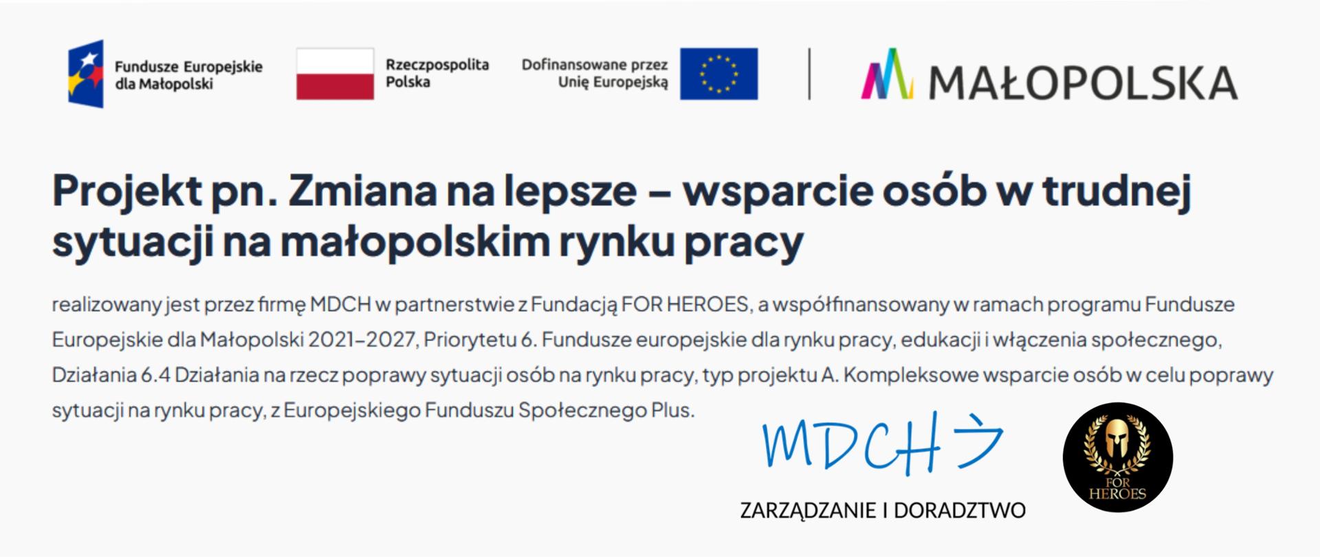 Grafika na białym tle. W górnej części znajdują się cztery logotypy ustawione w jednym rzędzie. Poniżej umieszczono duży, pogrubiony nagłówek w kolorze granatowym oraz kilka wierszy mniejszego tekstu. W prawej dolnej części widoczne są dwa logotypy: jeden z niebieskim napisem i symbolem strzałki, drugi w formie czarnego okręgu ze złotymi elementami. Całość utrzymana jest w stonowanej kolorystyce bieli, granatu, czerni, złota i akcentów wielobarwnych w logotypach.