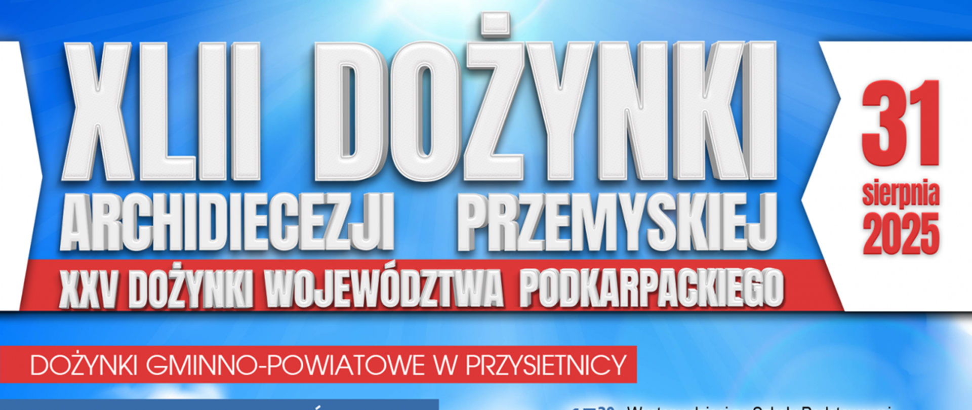 biały kościół na tle zielonych drzew i niebieskiego nieba zaproszenie na dożynki archidiecezjalne 