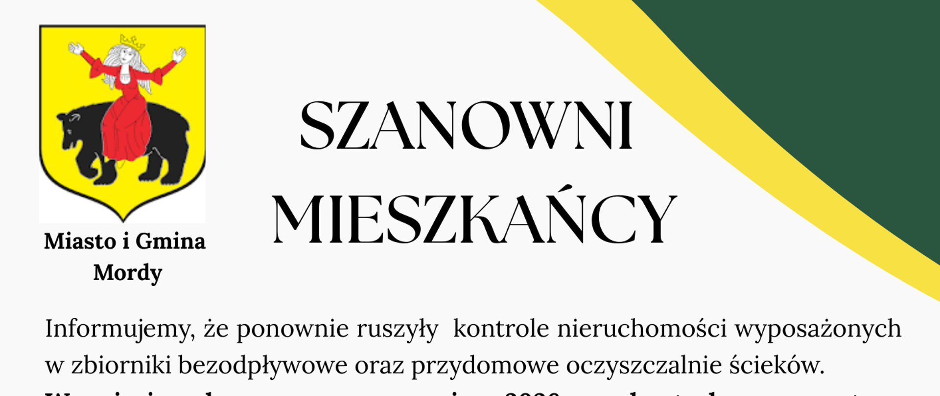 Informacja o kontrolach nieruchomości wyposażonych w zbiorniki bezodpływowe oraz przydomowe oczyszczalnie ścieków - marzec - czerwiec 2026 (miejscowości: Pieńki, Wyczółki, Stok Ruski, Kolonia Mordy, Olędy, Czołomyje, Doliwo, Ogrodniki, Czepielin, Czepielin-Kolonia)