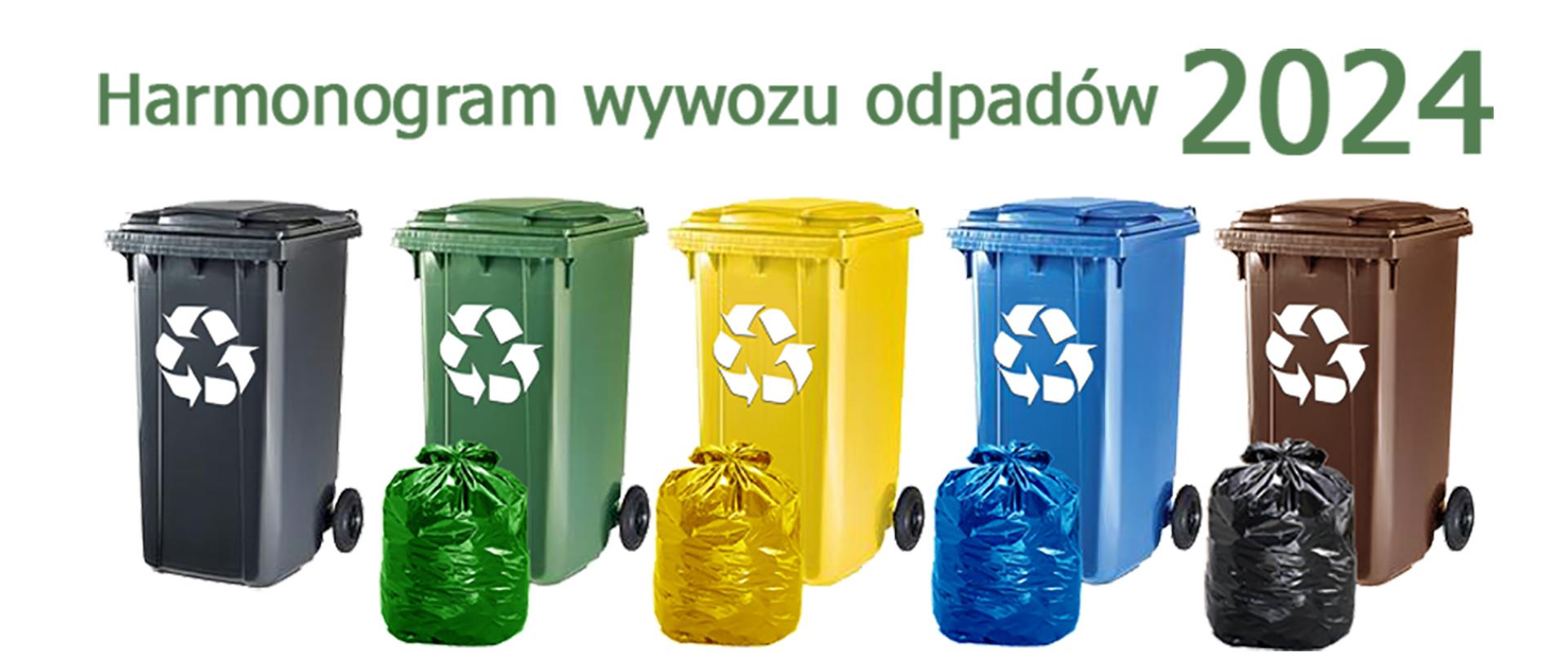 Kolorowe pojemniki i worki na odpady ustawione w rzędzie