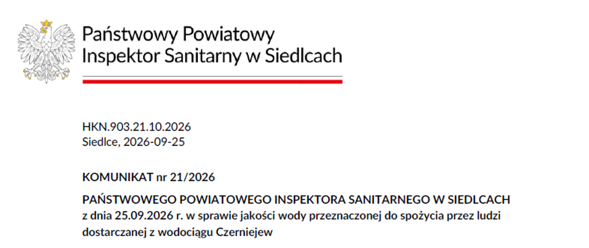 Komunikat o przydatności wody