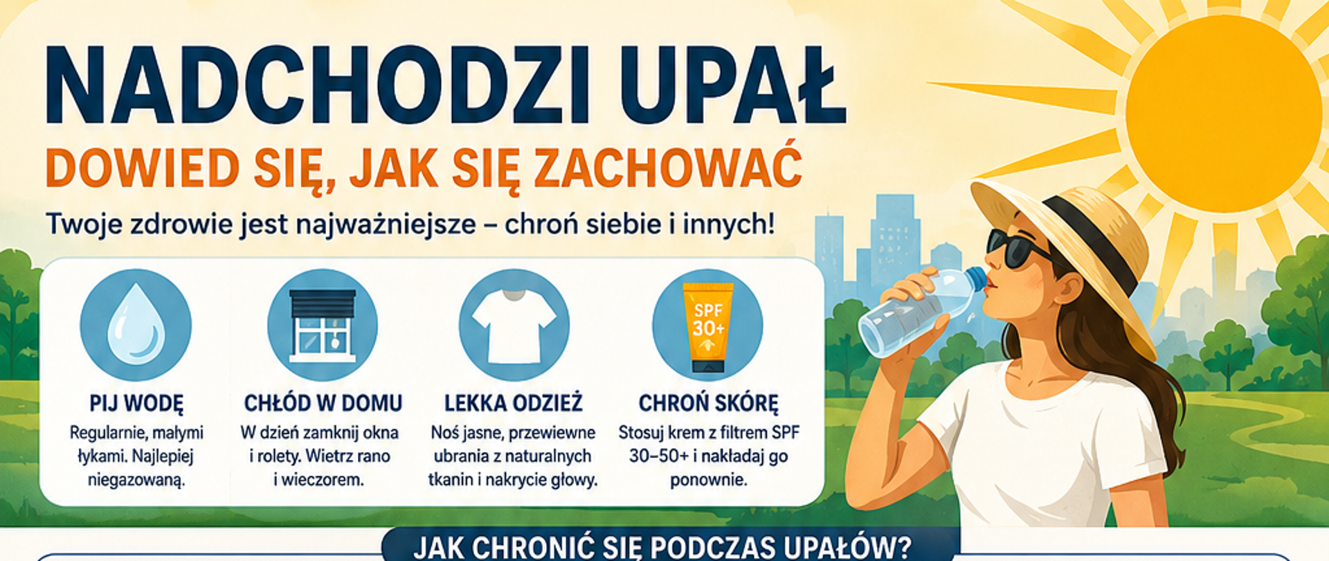Infografika przedstawia najważniejsze zasady bezpiecznego zachowania podczas upałów, w tym odpowiednie nawodnienie, ochronę przed słońcem oraz unikanie przebywania na zewnątrz w najgorętszych godzinach dnia. Zawiera także informacje o objawach przegrzania oraz przypomina, aby nigdy nie zostawiać dzieci ani zwierząt w nagrzanym samochodzie.