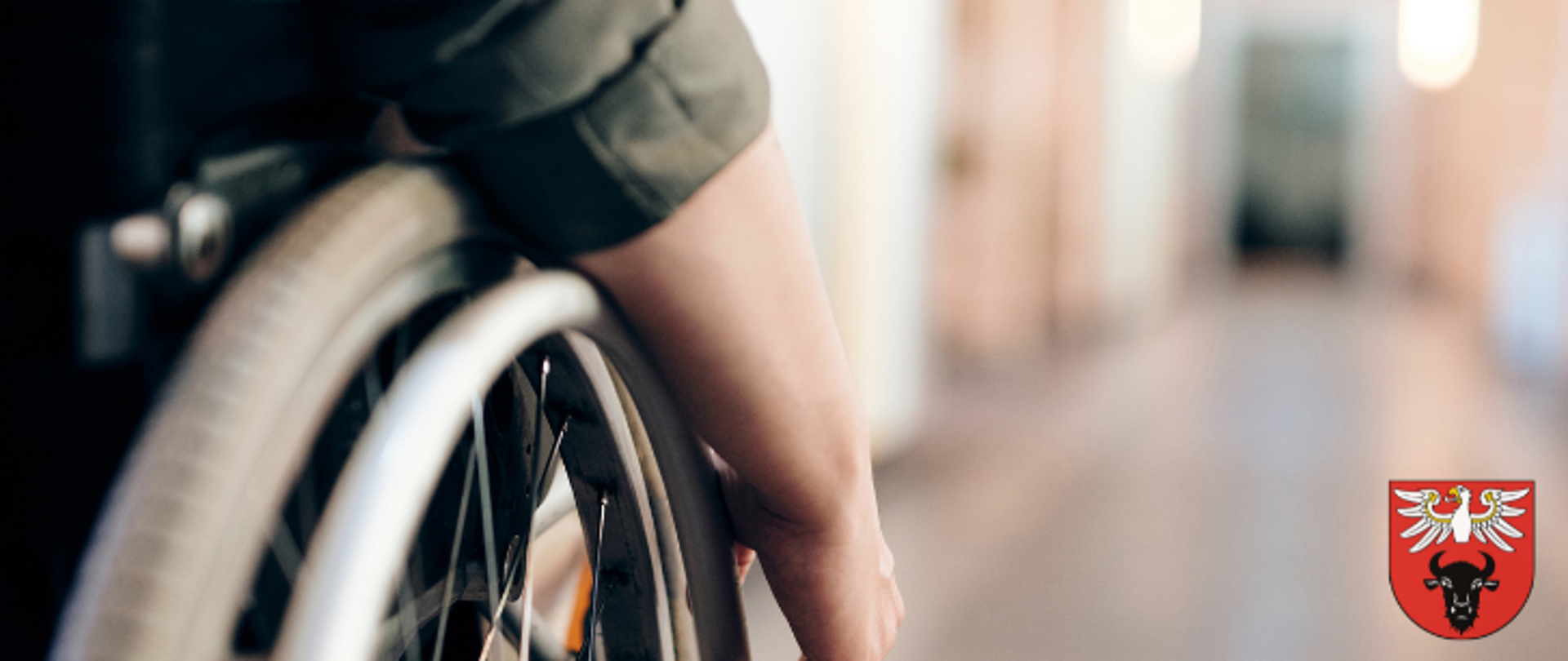 Na zdjęciu znajduje się sylwetka osoby na wózku inwalidzkim, w dolnym prawym rogu logo powiatu