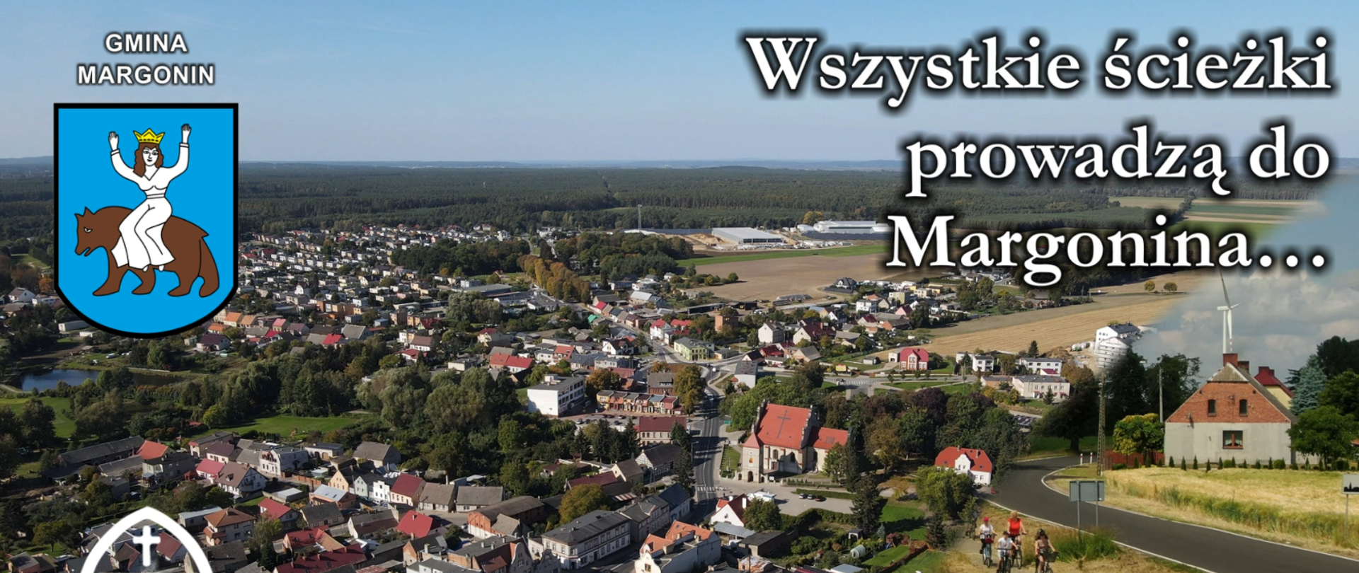 W tle zdjęcie lotnicze miasta Margonin, na pierwszym planie herb Margonina, białe napisy Gmina Margonin, odc. 367, Wszystkie ścieżki prowadzą do Margonina...