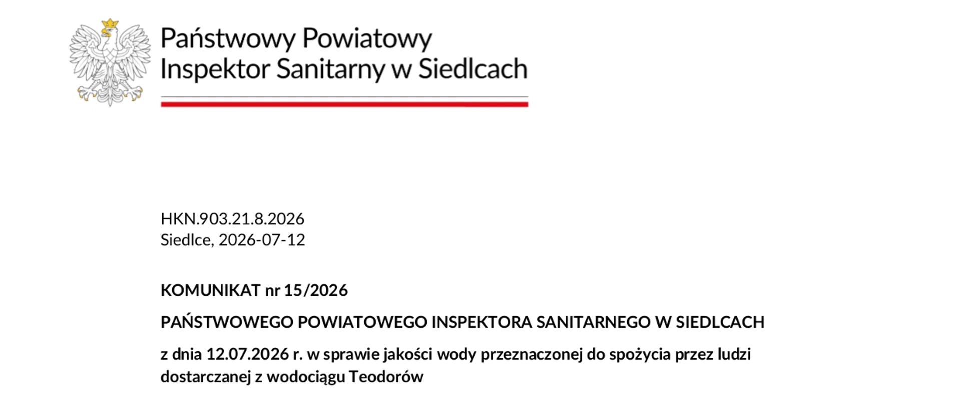 Komunikat o przydatności wody Teodorów