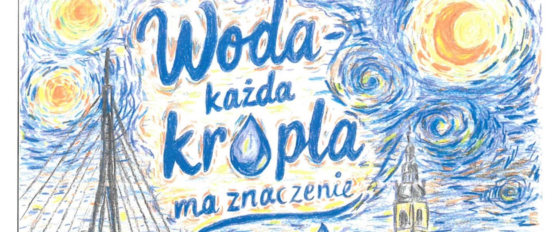 niebieskie tło w tle miasto i duży most na dole rzeka w której są krople i opisy dlaczego powinniśmy chronić wodę 