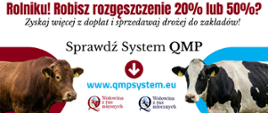 Grafika informacyjna skierowana do rolników promująca System Jakości Wołowiny QMP w ramach kampanii pod hasłem FunduszePromocji. Nagłówek brzmi: Rolniku! Robisz rozgęszczenie 20% lub 50%? Zyskaj więcej z dopłat i sprzedawaj drożej do zakładów! Poniżej znajduje się wezwanie do działania: Sprawdź System QMP oraz adres strony internetowej www.qmpsystem.eu wskazany przez czerwoną strzałkę. Po lewej stronie widnieje zdjęcie brązowego byka rasy mięsnej na czerwonym tle wraz z logotypem Wołowina z ras mięsnych. Po prawej stronie umieszczono zdjęcie czarno białej krowy rasy mlecznej na niebieskim tle oraz logotyp Wołowina z ras mlecznych. Całość kompozycji znajduje się na jasnym tle.