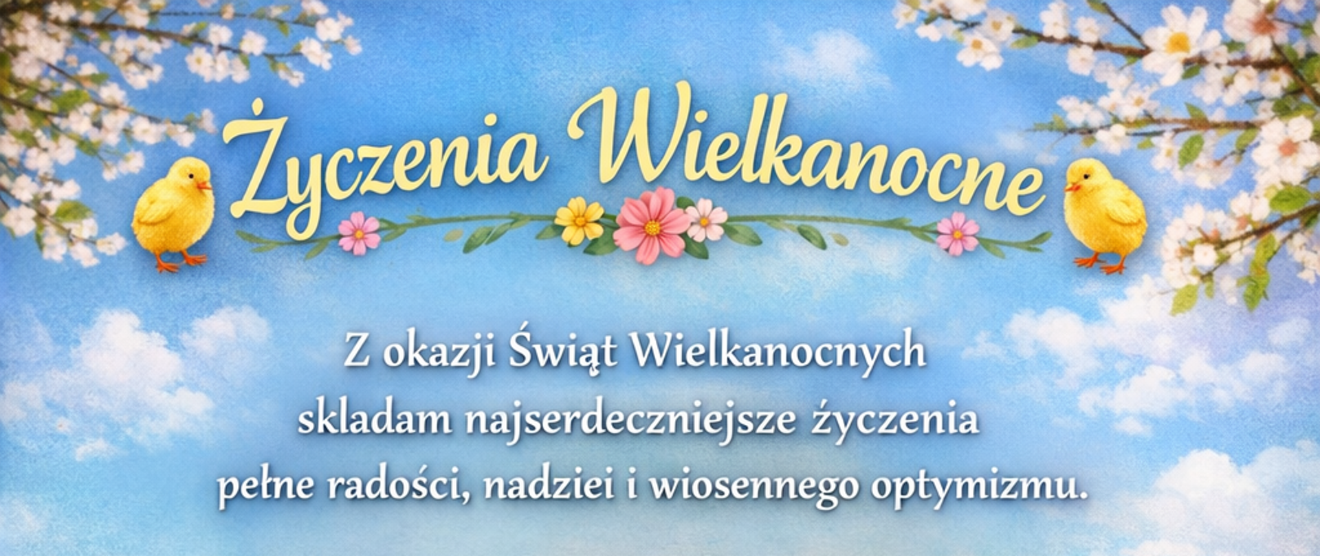życzenia wielkanocne, poniżej kolorowe kwiaty, pisanki zajączek oraz kurczak wielkanocny