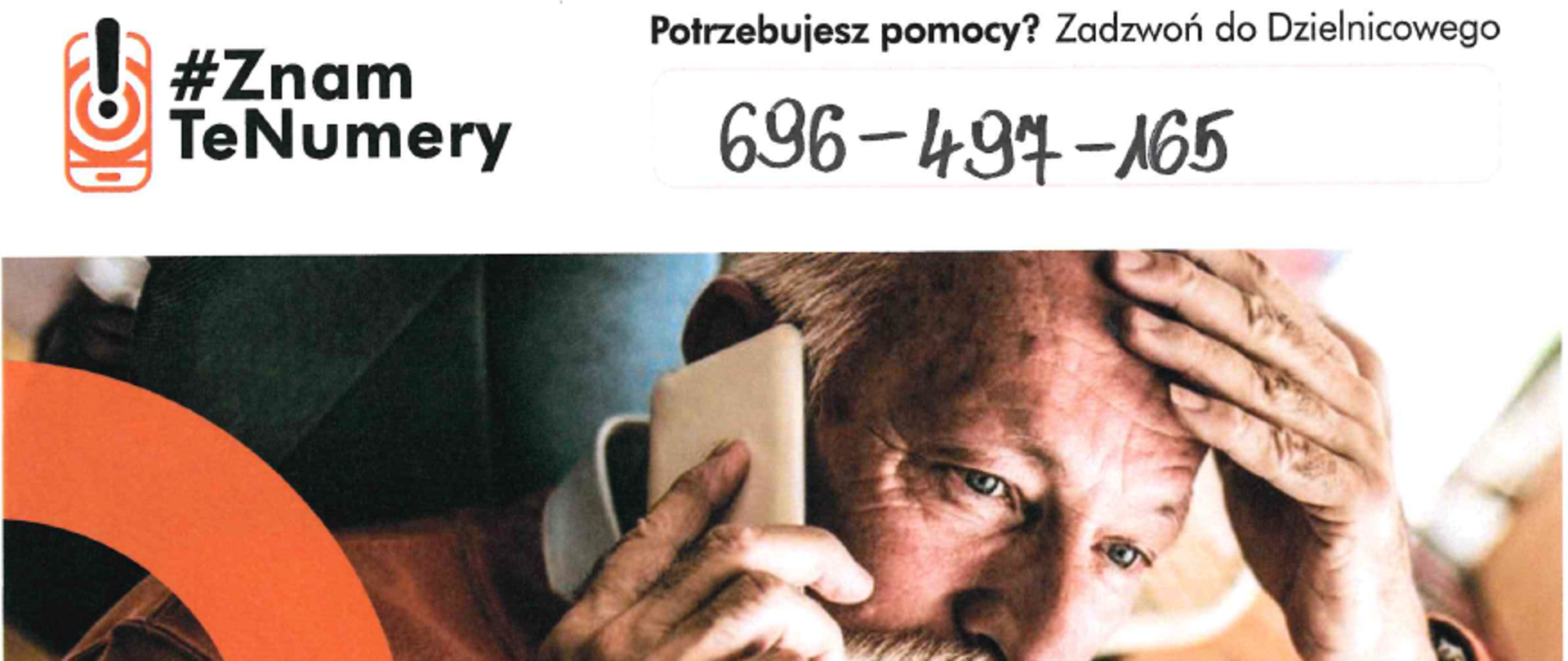 Plakat przestawia seniora z telefonem komórkowym i numerem Dzielnicowego
