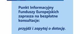 grafika przedstawia na jasno niebieskim tle informacje dotyczące dyżuru dla mieszkańców odnośnie Funduszy Europejskich