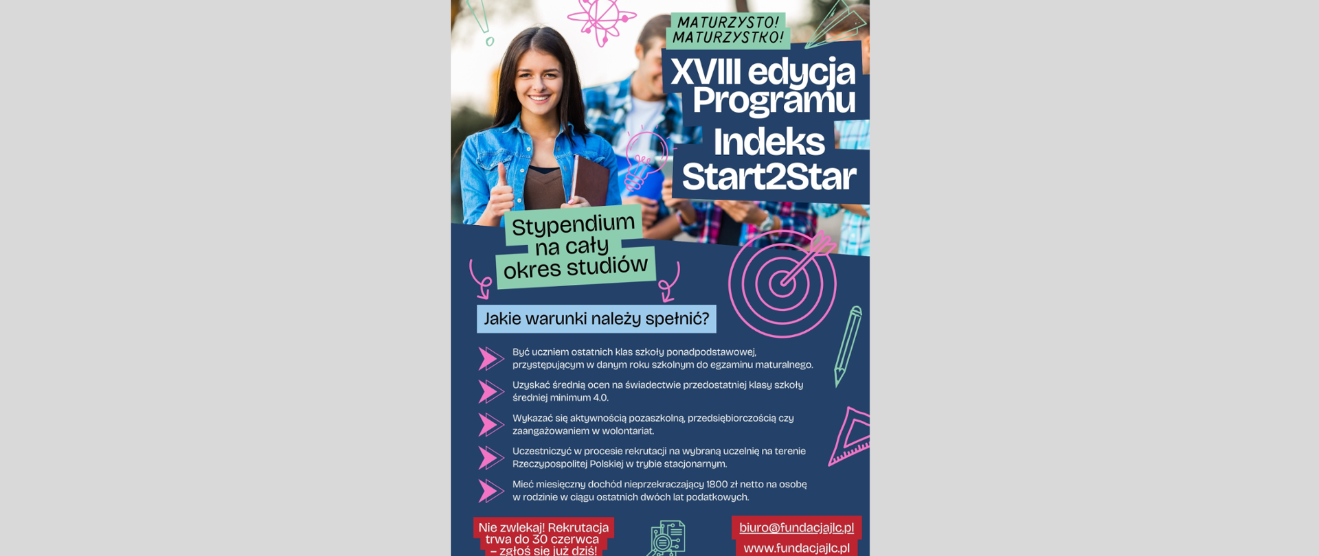 Szare tło z plakatem dla maturzystów.