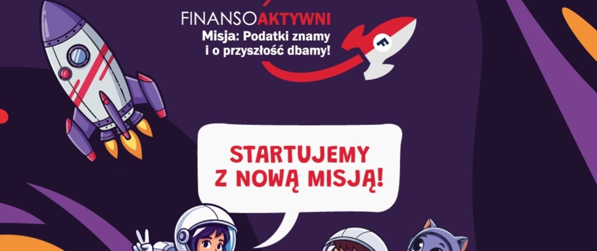 Na górze zdjęcia tło w kolorze ciemnofioletowym. W lewym górnym rogu grafika rakiety w kolorze biało fioletowym. Pośrodku zdjęcia biała chmurka z napisami w środku w kolorze czerwonym, pod nią dwie grafiki astronautów w strojach w kolorze białym i fioletowym. Poniżej nich znajduje się fragment planety w kolorze czerwonym. Całość zdjęcia w kolorze ciemnofioletowym.