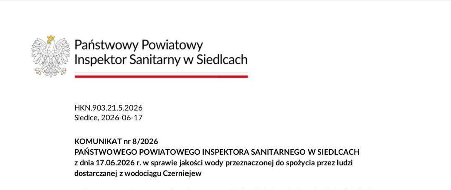 UWAGA KOMUNIKAT PSSE DLA ODBIORCÓW WODY Z UJĘCIA W CZERNIEJEWIE