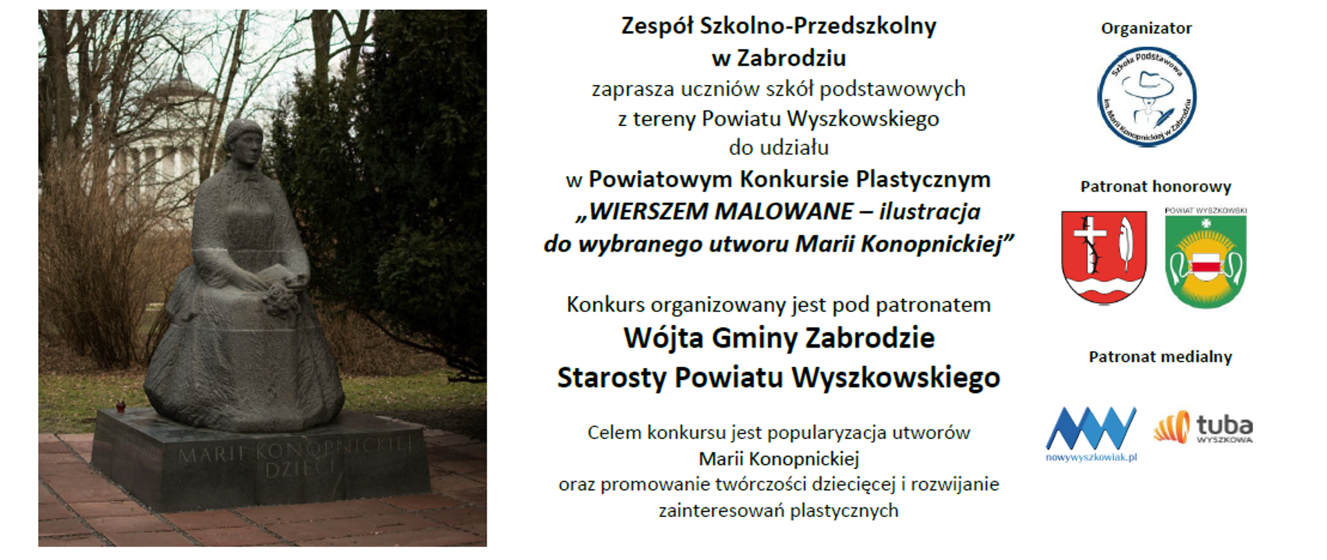Szary pomnik siedzącej kobiety oraz informacja o konkursie plastycznym Wierszem malowane
