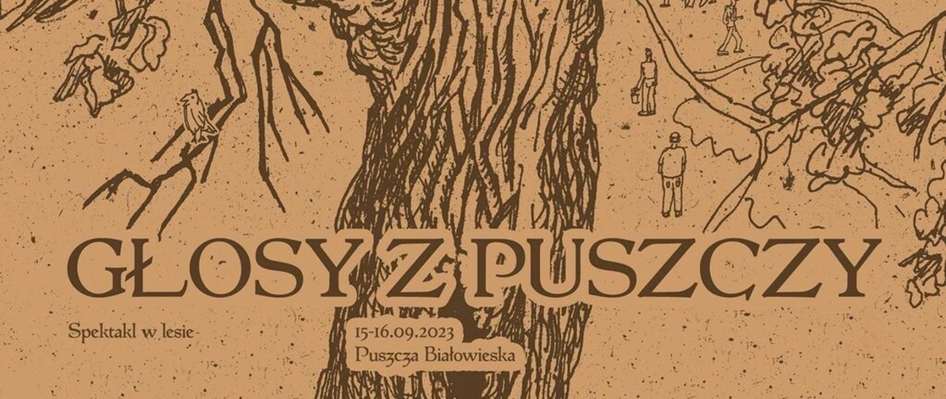 Na brązowym tle zdjęcie drzewa oraz tytuł i miejsce wydarzenia