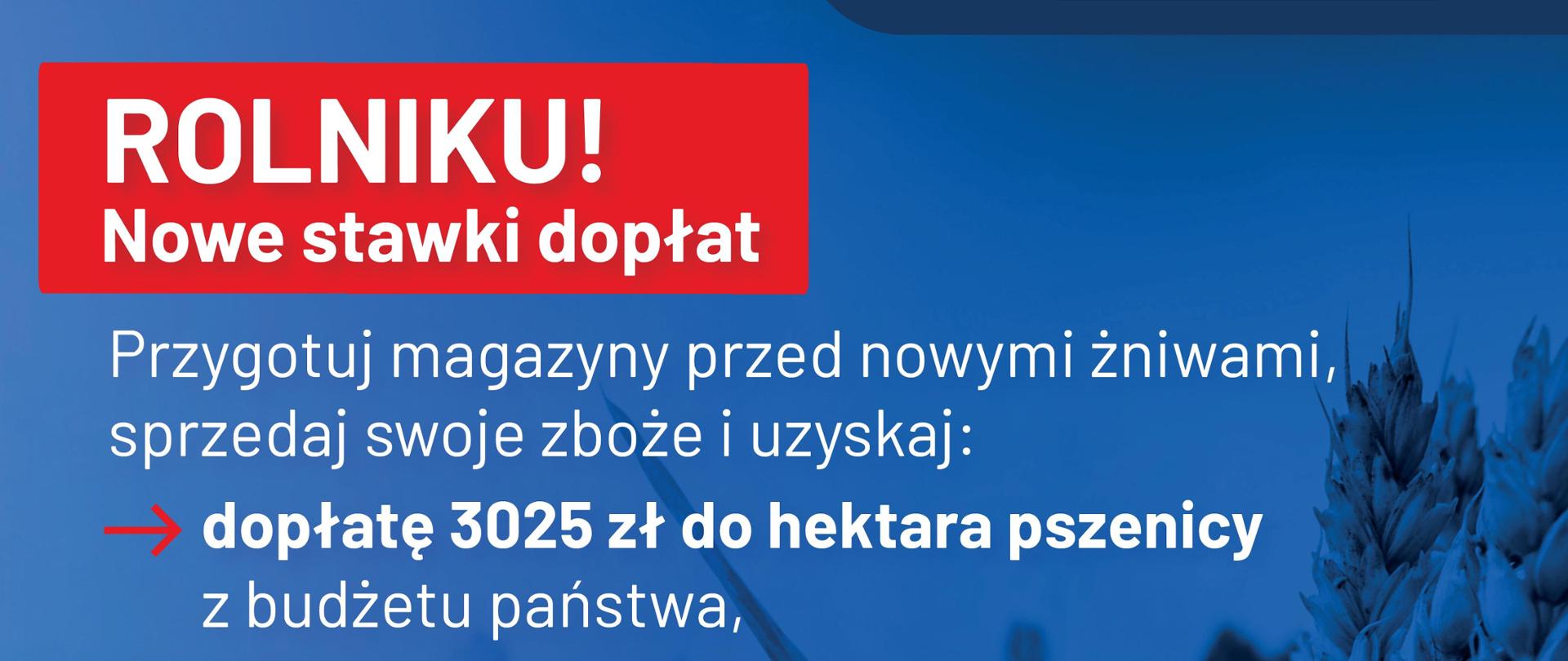na obrazku znajduje się plakat MRiRW z tekstem na niebieskim tle dot. dopłat do zboża, w prawym górnym rogu znajduje się logo MRiRW
