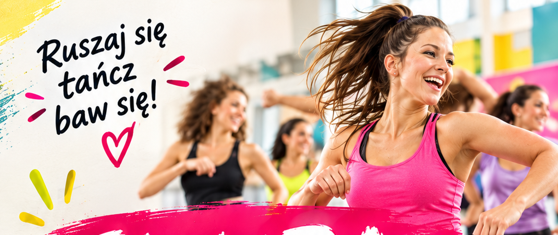 Kolorowy plakat „Zumba – zajęcia zumby!" z hasłem „Ruszaj się, tańcz, baw się!". Zdjęcie uśmiechniętej, tańczącej kobiety w różowym topie, a za nią kilka innych uczestniczek. Zajęcia bezpłatne, w każdy poniedziałek, godz. 18:00–19:00. Prowadząca: Magdalena Ciach. Miejsce: Gminne Centrum Kultury i Czytelnictwa w Zabrodziu. Zaproszenie: „Dołącz do nas!". Na dole herb Gminy Zabrodzie oraz logotypy: Spółdzielni Socjalnej Integracja, Funduszy Europejskich dla Rozwoju Społecznego, Rzeczypospolitej Polskiej, Unii Europejskiej i Fundacji Fundusz Współpracy. Zadanie sfinansowane z „Premii Społecznej".