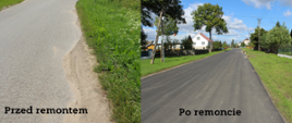 Kolaż zdjęć: po lewej droga w Starym Korninie przed remontem, po prawej droga po remoncie