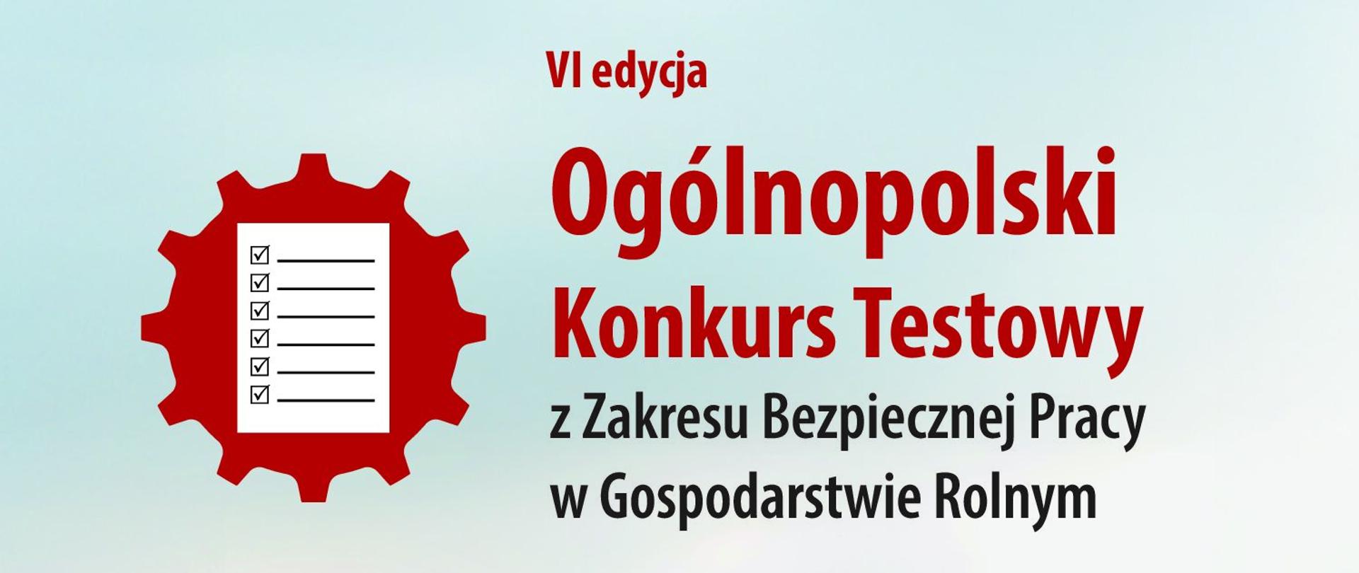 Plakat: VI edycja Ogólnopolskiego Konkursu Testowego z Zakresu Bezpiecznej Pracy w Gospodarstwie Rolnym, organizowanego przez KRUS. Na pierwszym planie uśmiechnięty rolnik w słomianym kapeluszu, trzymający tablet na tle dojrzałego zboża.