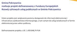 Grafika promująca projekt realizowany przez Gminę Pokrzywnica, dofinansowany z Funduszy Europejskich. Na obrazie znajdują się logotypy: Fundusze Europejskie, Program Regionalny, Mazowsze – serce Polski, Unia Europejska oraz Europejski Fundusz Rozwoju Regionalnego. Widoczny jest również adres strony internetowej: www.mapadotacji.gov.pl. Tekst informuje, że celem projektu jest zwiększenie dostępności do informacji elektronicznej i infrastruktury społeczeństwa informacyjnego, co ma umożliwić świadczenie usług publicznych w formie elektronicznej. Kwota dofinansowania z UE wynosi 1.459.848,74 PLN.