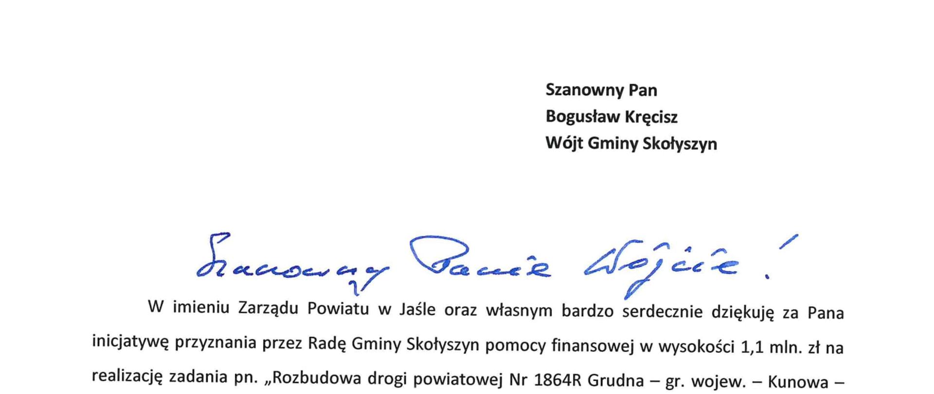 Podziękowania dla Wójta Gminy Skołyszyn Bogusława Kręcisza