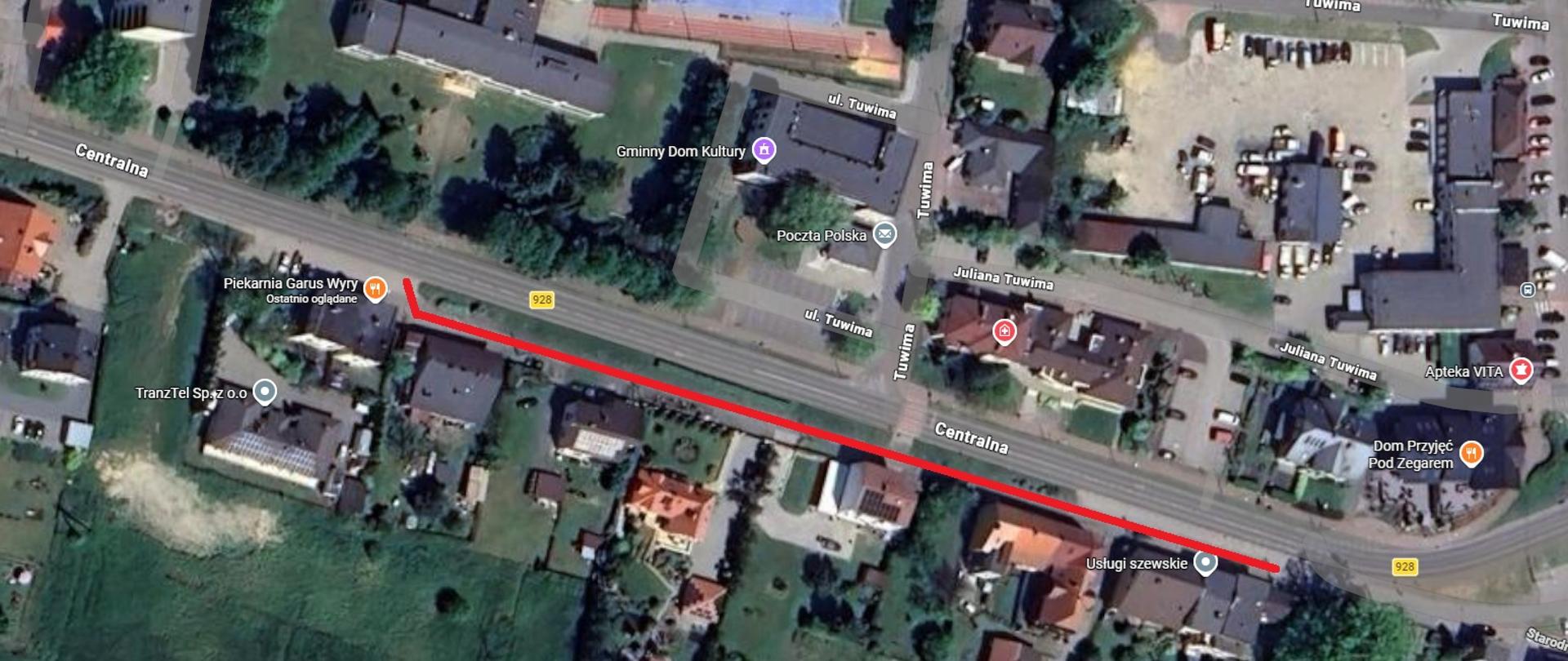 Mapa Gminy Kobiór z zaznaczonym odcinkiem chodnika przy ul. Centralnej objętym czasowym zamknięciem.