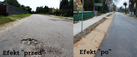 Kolaż zdjęć prezentujący efekt "przed" i "po" remoncie - po lewej stronie zdjęcia dziur w nawierzchni drogi, po prawej - nowa nawierzchnia i chodnik
