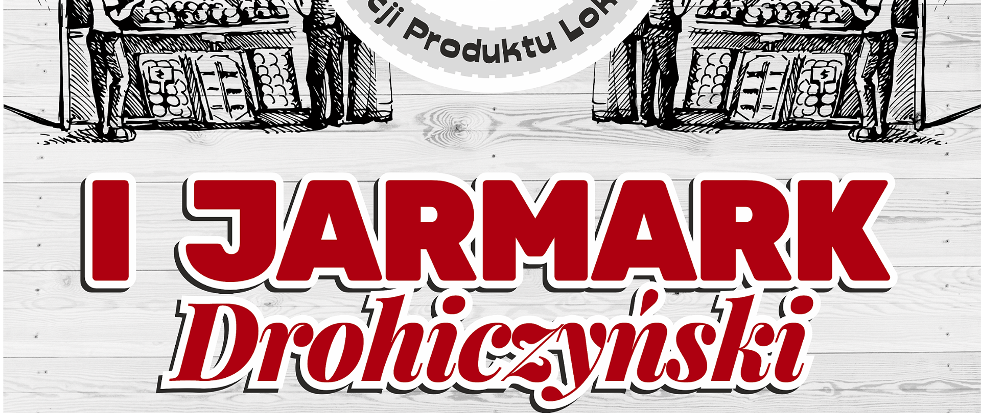 na szarym tle rysunek dwóch namiotów i program jarmarku