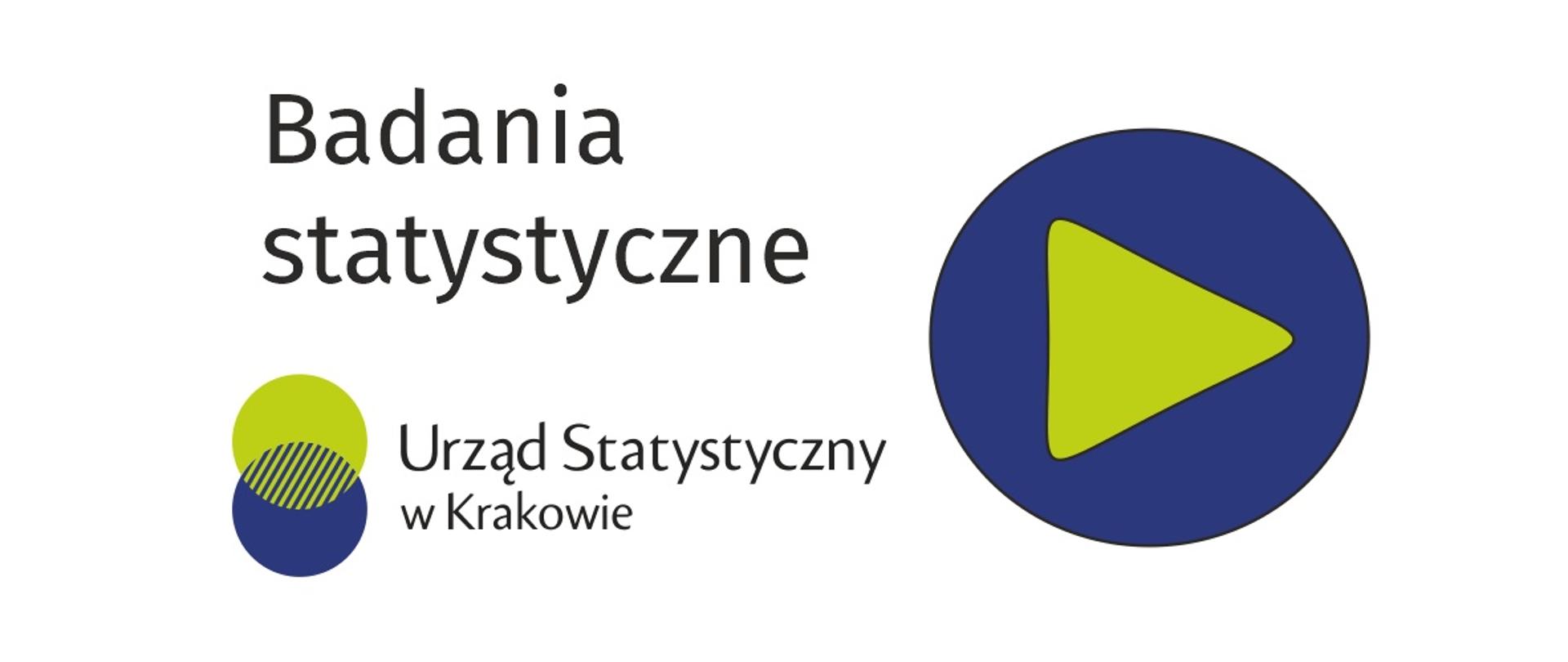 Na białym tle napis Badania statystyczne, logo Urzędu Statystycznego w Krakowie oraz symbol zielonego trójkąta o zaokrąglonych wierzchołkach umieszczonego w niebieskim kole.