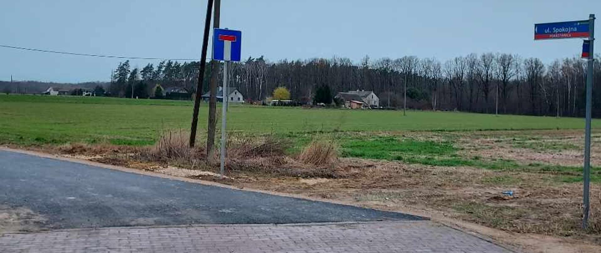 Zdjęcie przedstawia fragment przebudowanej ul. Spokojnej z nawierzchnią asfaltową. Wjazd na ul. od strony drogi powiatowej