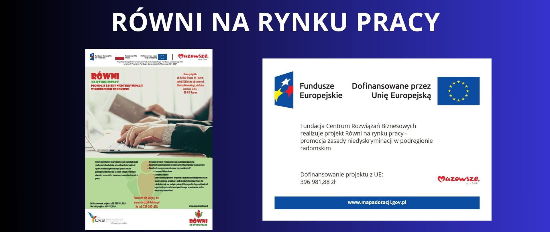Granatowe tło z białym napisem "Równi na rynku pracy". Pod napisem plakat z informacjami i tablica informacyjna z logotypem Funduszy Europejskich i Dofinansowane przez Unie Europejską. 