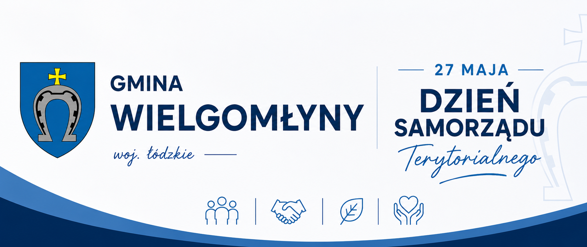 Grafika okolicznościowa z okazji Dnia Samorządu Terytorialnego przygotowana przez Gminę Wielgomłyny. Całość utrzymana jest w białej i niebieskiej kolorystyce. Po lewej stronie widnieje herb gminy – niebieska tarcza z szarą podkową i żółtym krzyżem, a obok napis „GMINA WIELGOMŁYNY woj. łódzkie”. Po prawej stronie, oddzielonej pionową kreską, znajduje się data „27 MAJA” oraz napis „DZIEŃ SAMORZĄDU Terytorialnego”. W prawym tle widać duży, półprzezroczysty zarys herbu. Na dole grafiki umieszczono cztery ikony symbolizujące społeczność: postacie ludzi, uścisk dłoni, liść oraz dłonie trzymające serce. Dół plakatu wieńczy falista, ciemnoniebieska linia.