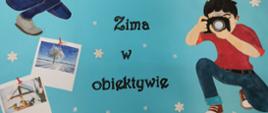Obrazki kobiety i mężczyzny z aparatem fotograficznym oraz zdjęciami przypiętymi pinezkami