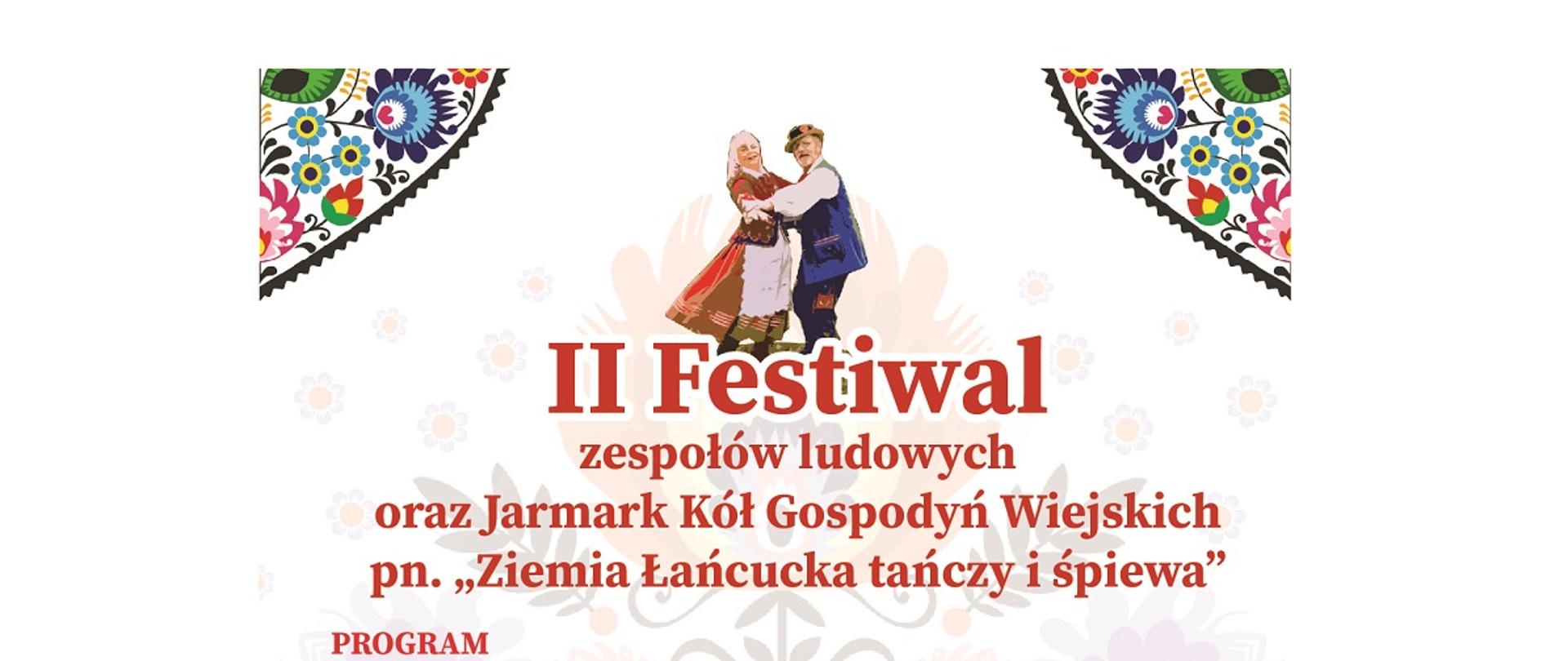 białe tło czerwone i czarne litery zaproszenie na festiwal, na środku para tańczy w tradycyjnych strojach ludowych 
