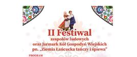 białe tło czerwone i czarne litery zaproszenie na festiwal, na środku para tańczy w tradycyjnych strojach ludowych 